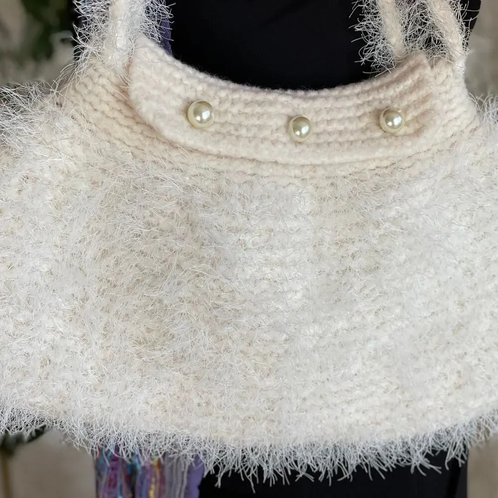 Handmade‎ White Knit Fuzzy Shoulder Bag Pearl Accent Y2K Coquette Fluffy Purse